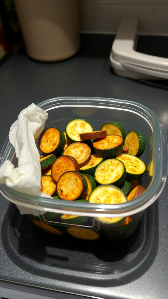 A container of fried zucchini slices with a paper towel.