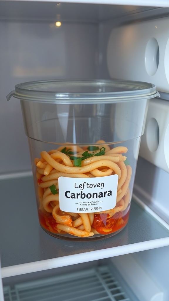 A labeled container of leftover pasta carbonara stored in a refrigerator.