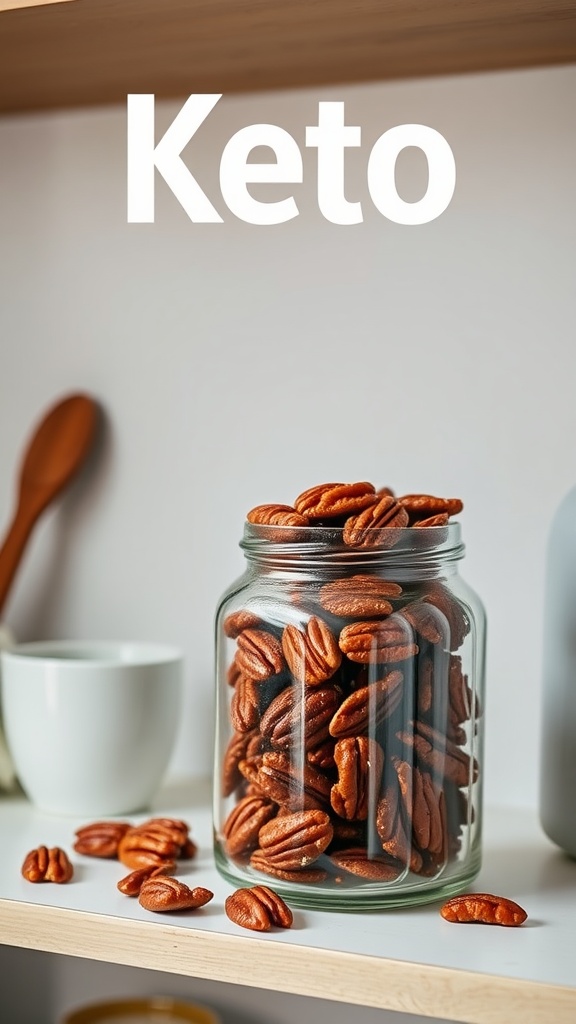 A jar filled with keto candied pecans on a shelf