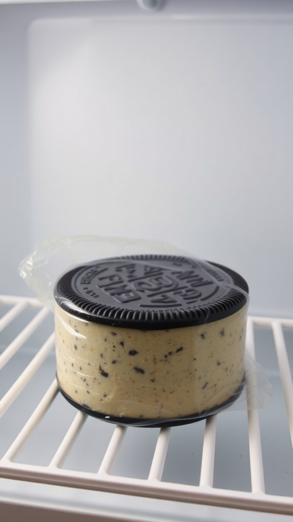 A round Oreo cake stored in the refrigerator