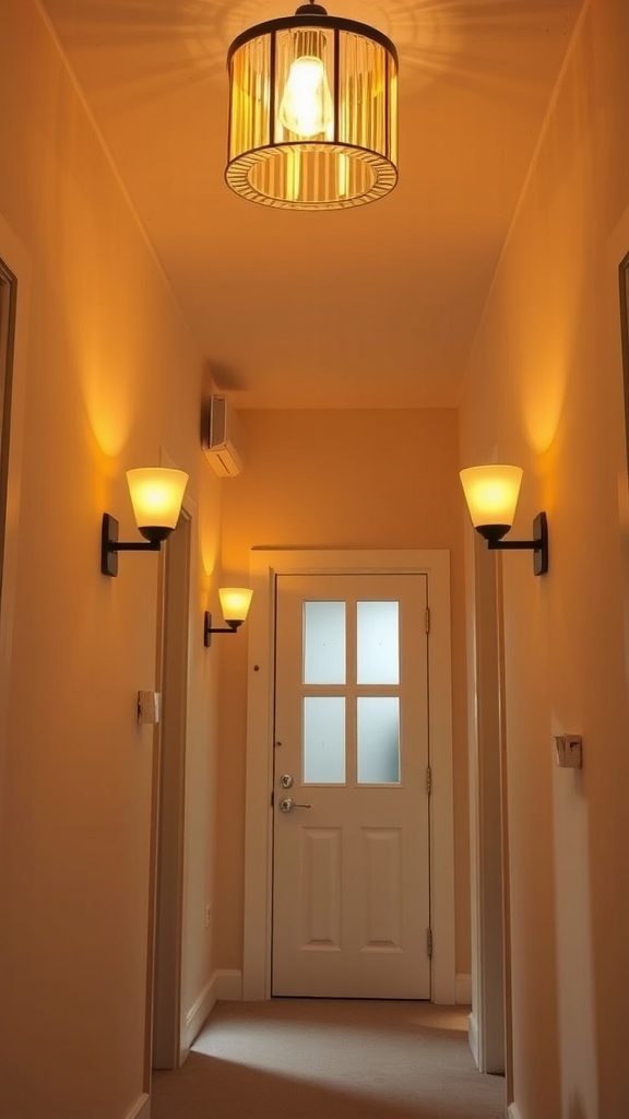 A small hallway featuring warm lighting from wall sconces and a ceiling fixture.