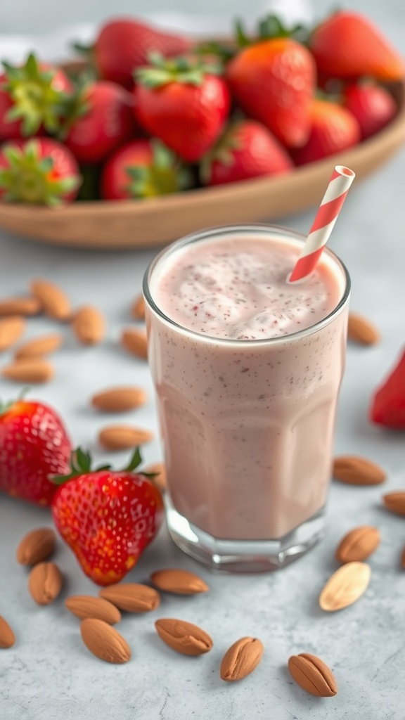 A refreshing strawberry almond smoothie with fresh strawberries and almonds around.