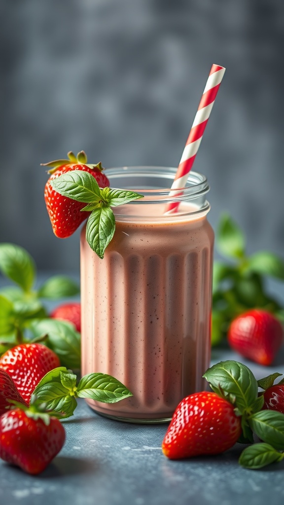 A refreshing strawberry and basil smoothie in a glass, garnished with fresh strawberries and basil leaves.