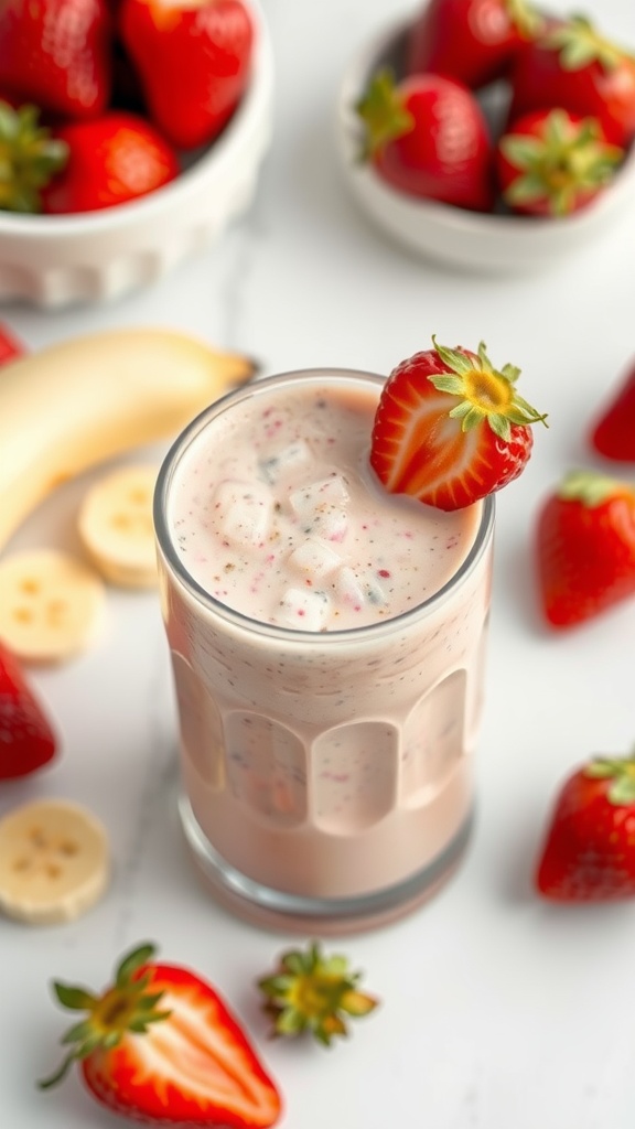 A refreshing strawberry banana protein smoothie in a glass with fresh strawberries and banana slices around it.