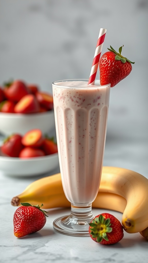 A refreshing glass of strawberry banana yogurt smoothie with a straw, surrounded by fresh strawberries and bananas.