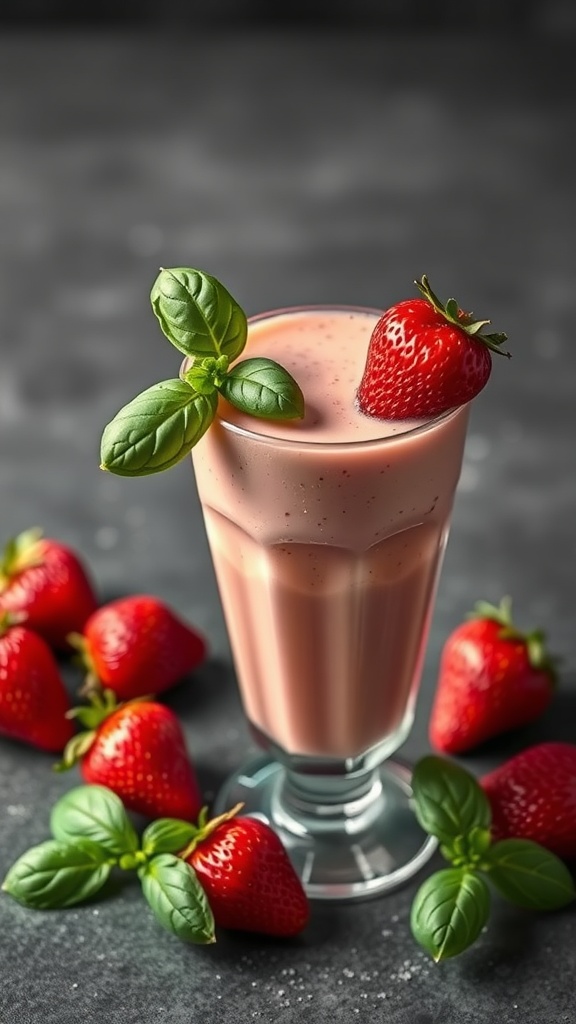 A creamy strawberry basil smoothie served in a glass, garnished with a fresh strawberry and basil leaves, surrounded by strawberries and basil.