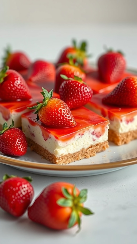 Delicious strawberry cheesecake bars topped with fresh strawberries.