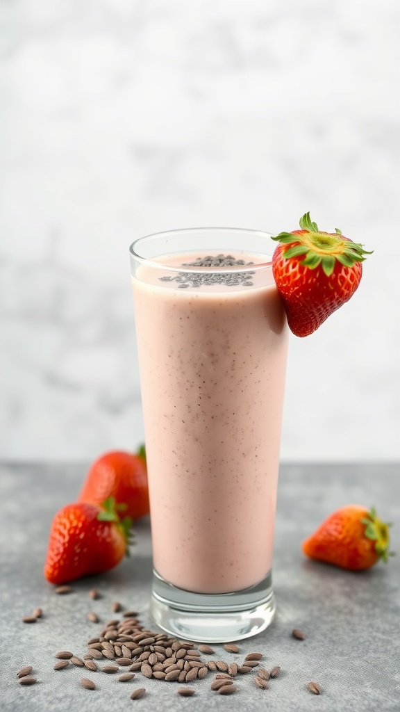 A refreshing strawberry chia smoothie in a glass, garnished with a fresh strawberry on the rim.