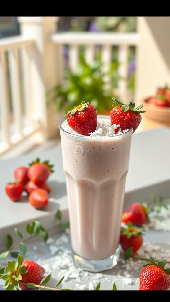 A refreshing strawberry coconut protein shake topped with fresh strawberries and coconut flakes.