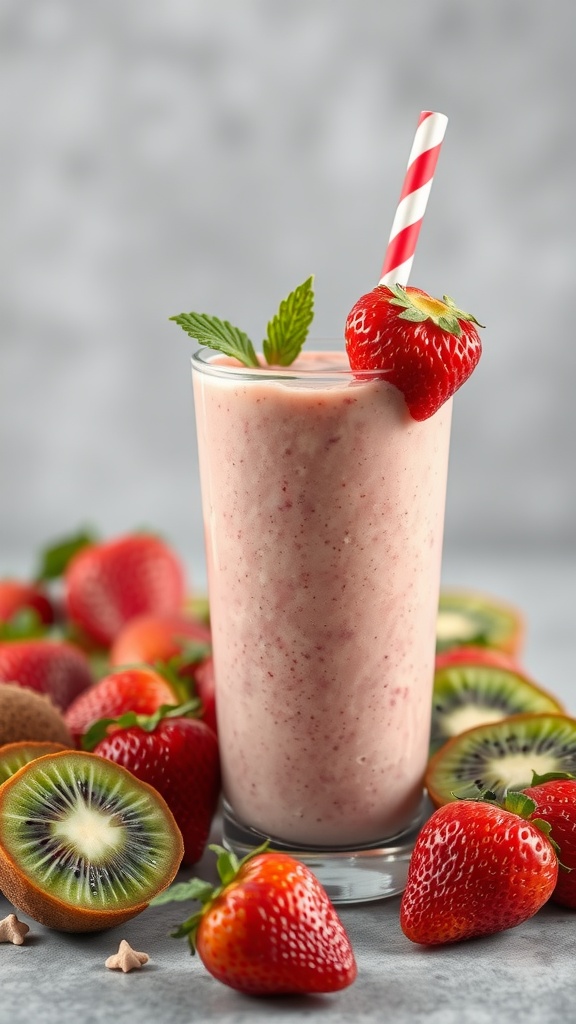 A refreshing strawberry kiwi smoothie in a glass with a straw, surrounded by fresh strawberries and kiwi slices.