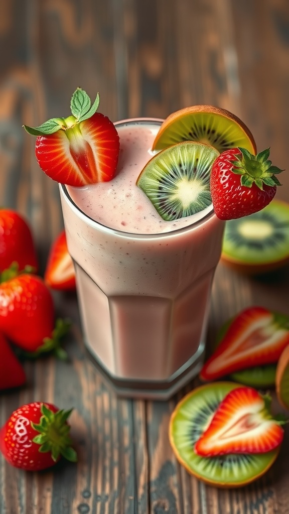 Strawberry Kiwi Protein Smoothie in a glass with fresh fruit garnishes