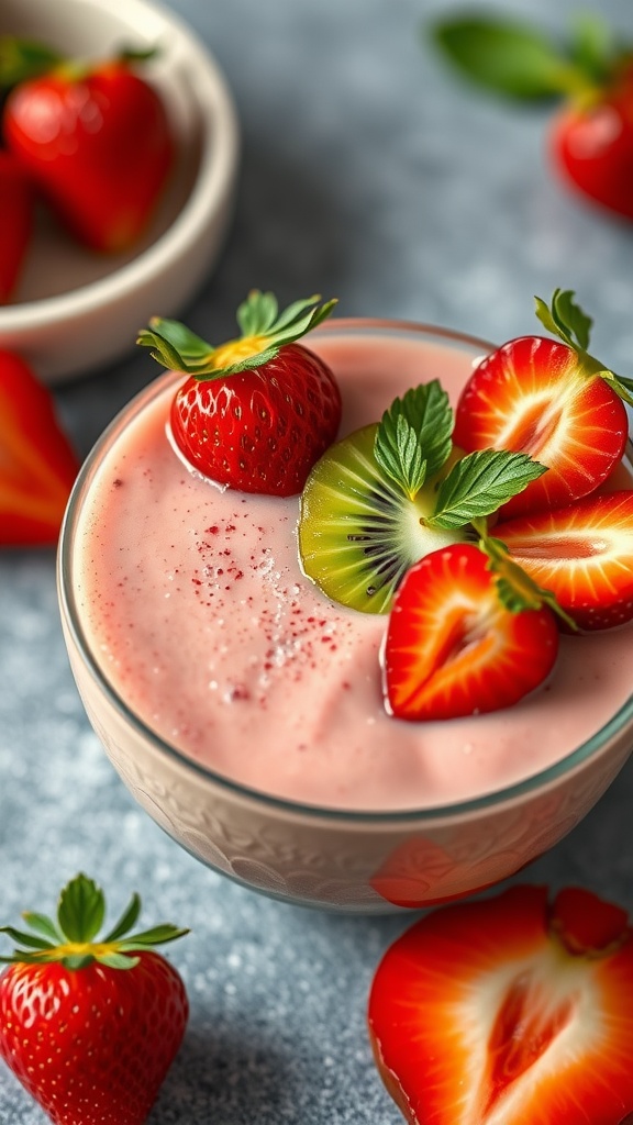 A delicious strawberry kiwi smoothie garnished with fresh fruit.