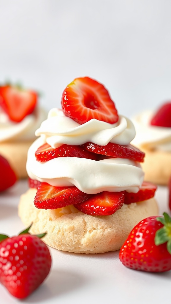 Keto Strawberry Shortcake Cookies topped with fresh strawberries and whipped cream