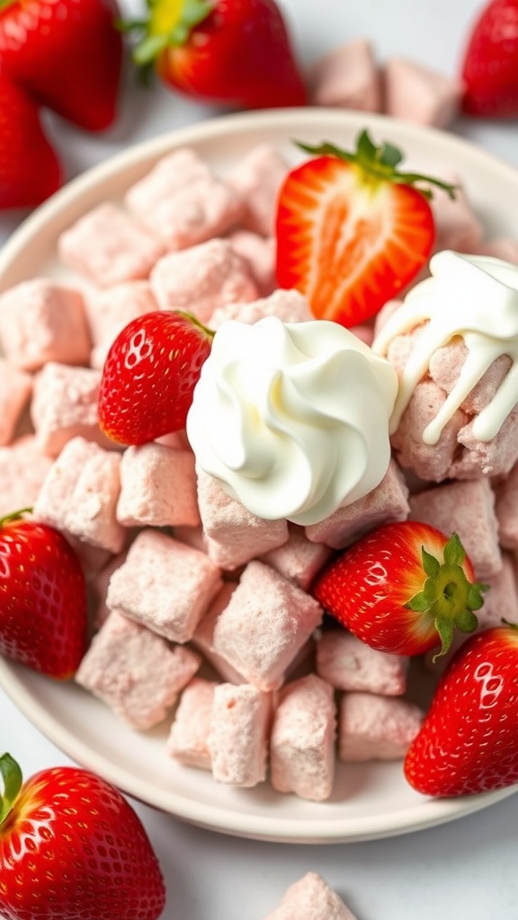 A plate of strawberry shortcake muddy buddies topped with fresh strawberries and whipped cream.