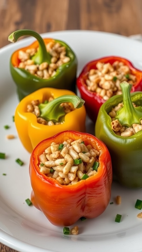 Colorful stuffed bell peppers filled with savory mixture, garnished with green onions.