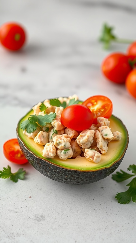 A delicious stuffed avocado with tuna salad, garnished with cherry tomatoes and cilantro.