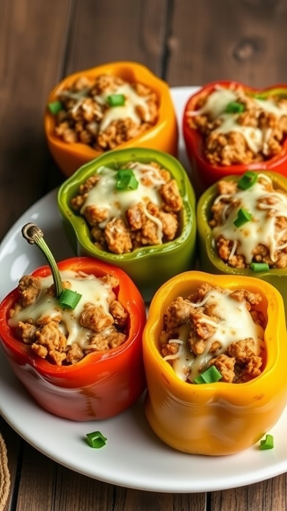 Colorful stuffed bell peppers filled with meat and cheese on a plate