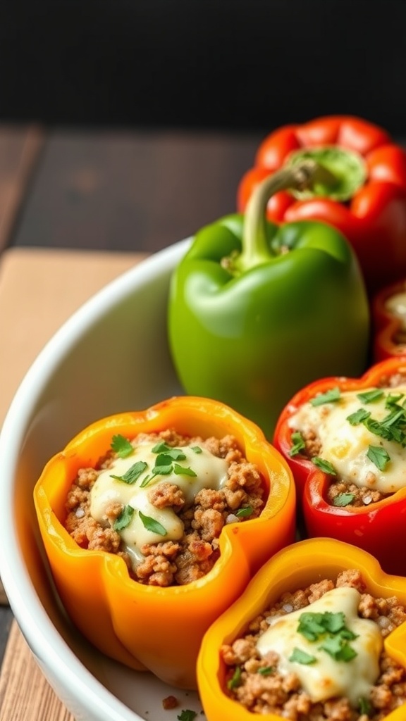 Colorful stuffed bell peppers filled with ground meat and cheese