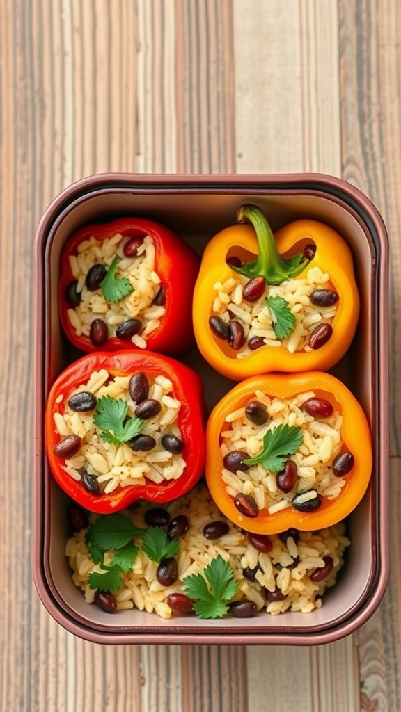 Bento box with stuffed red and yellow bell peppers filled with rice and beans.