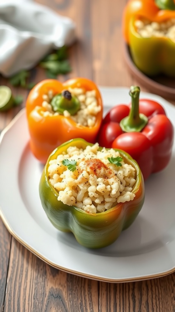 Stuffed bell peppers filled with cauliflower rice, garnished with herbs, on a plate.