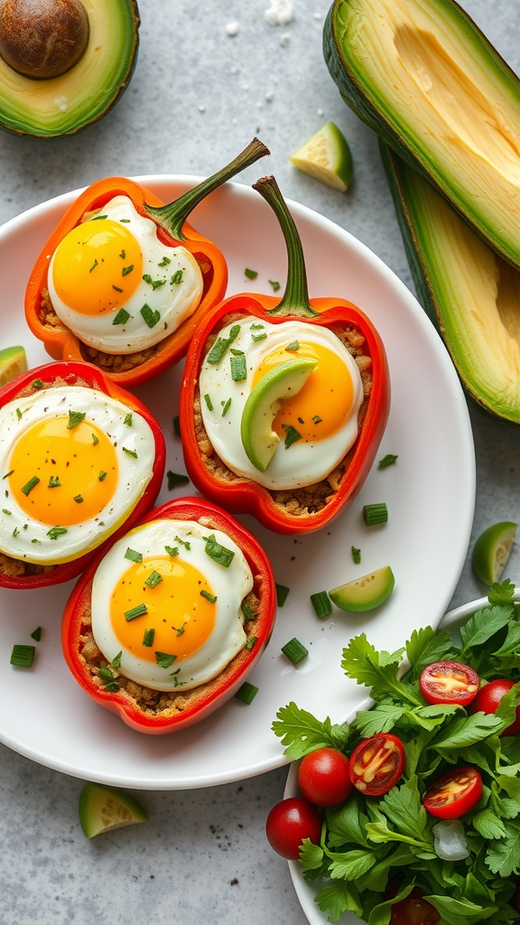 Stuffed bell peppers with eggs and avocado on a plate