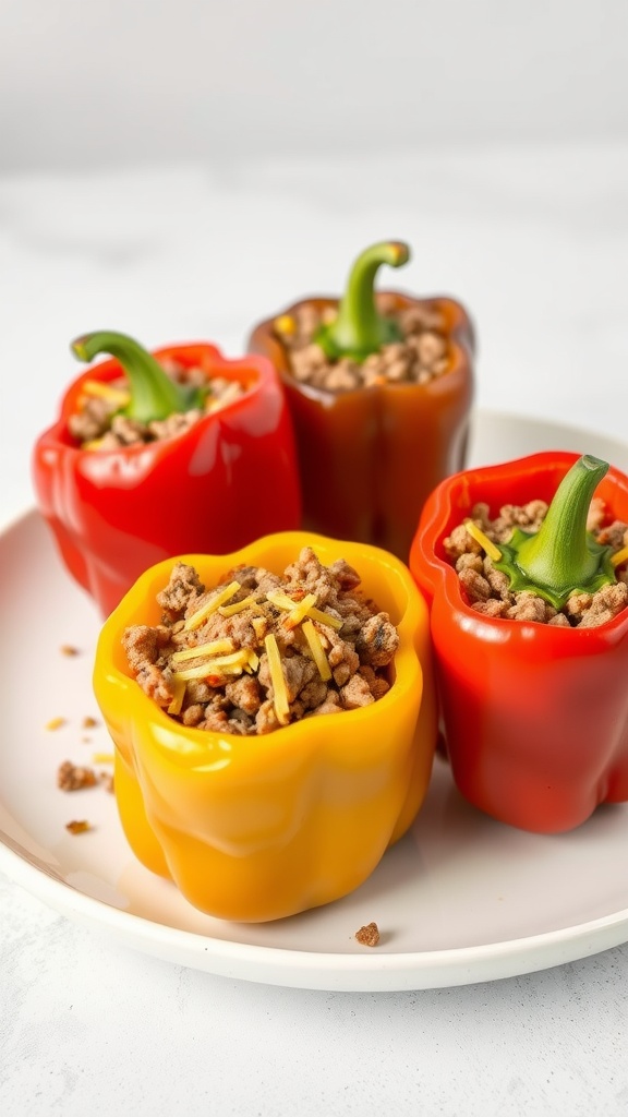 Colorful stuffed bell peppers filled with ground beef and cheese.