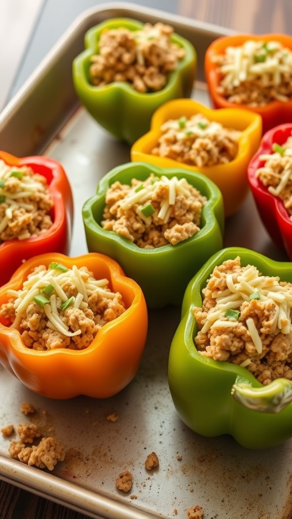Colorful stuffed bell peppers filled with ground turkey and cheese on a baking tray.