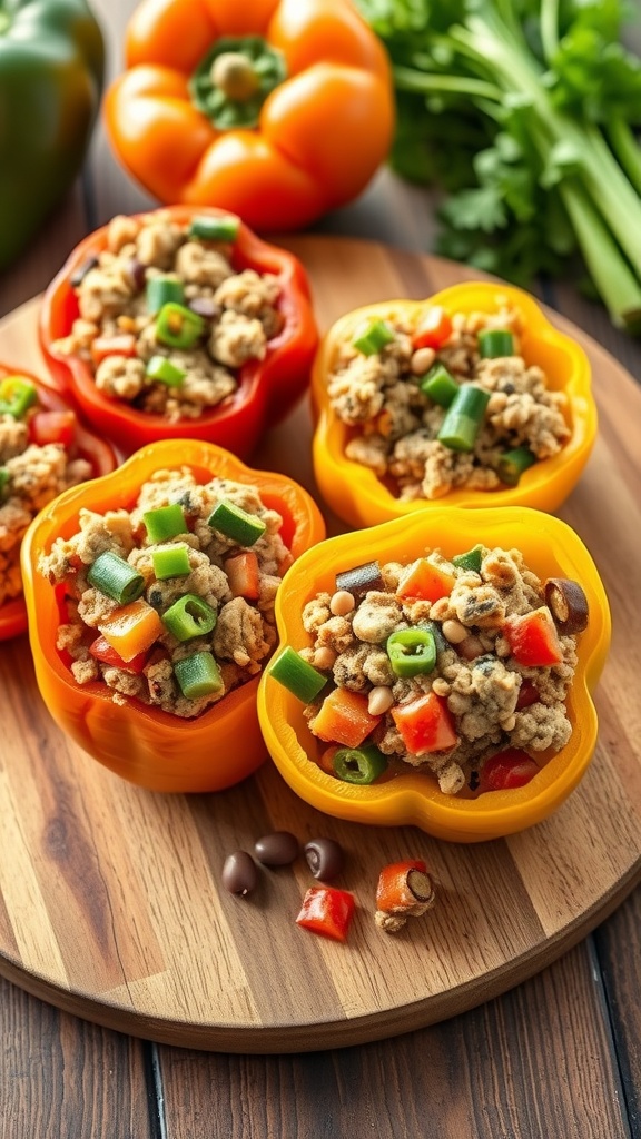 Stuffed bell peppers filled with ground turkey and topped with green onions, arranged on a wooden plate.
