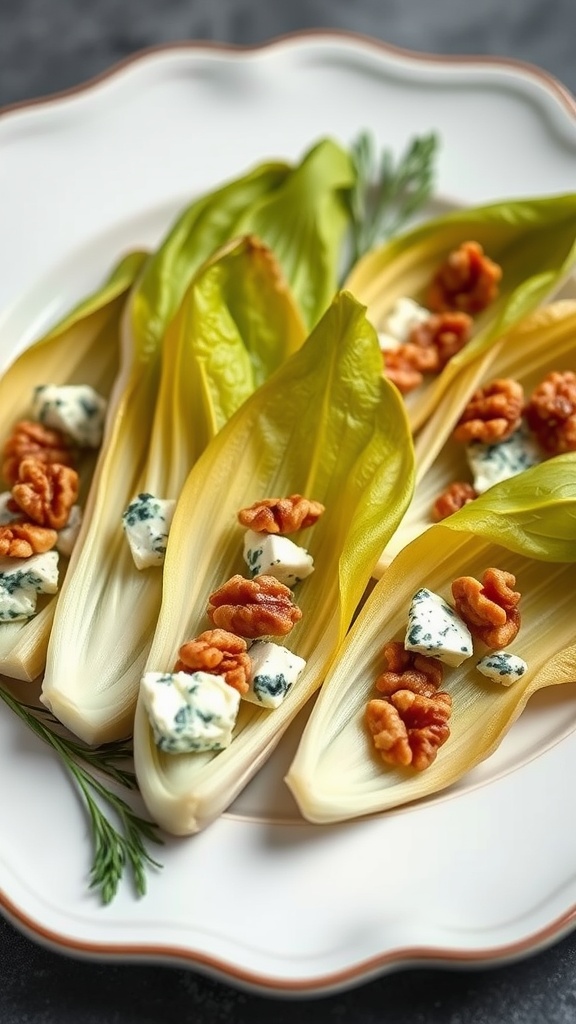 Stuffed endive leaves filled with blue cheese and walnuts on a plate.