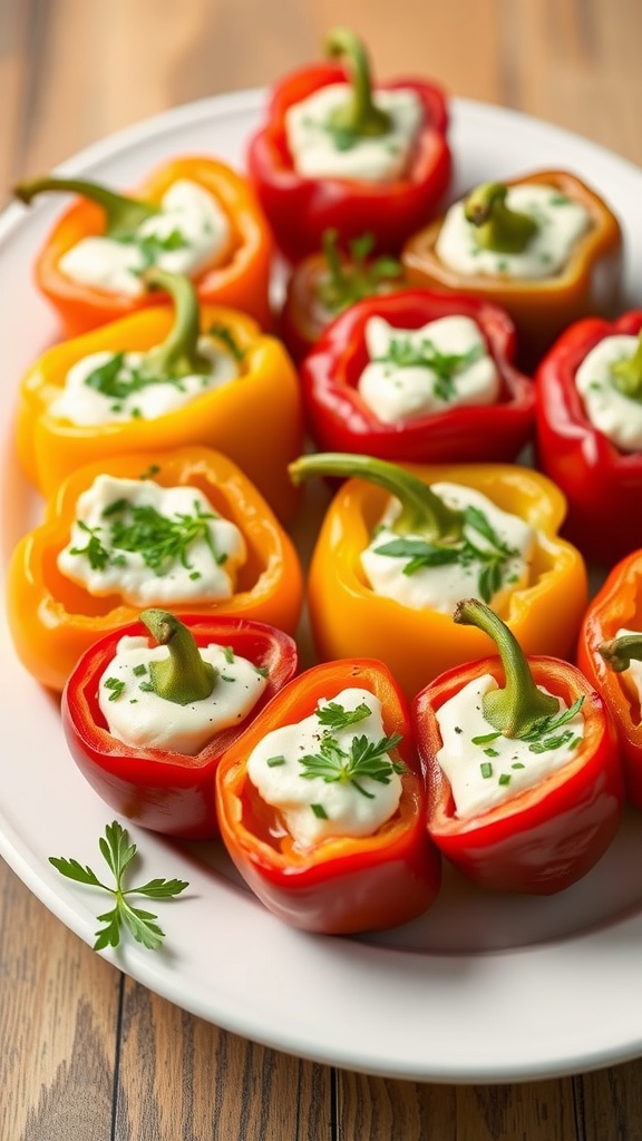 Colorful stuffed mini peppers filled with cream cheese and garnished with herbs.