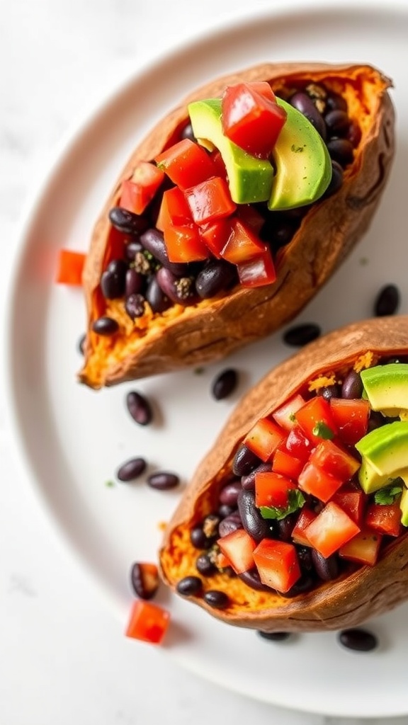 Stuffed sweet potatoes filled with black beans, diced tomatoes, and avocado slices on a white plate.