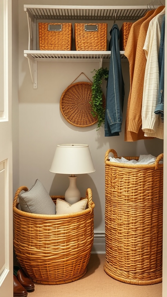 A cozy closet featuring woven baskets, clothing, and a lamp.