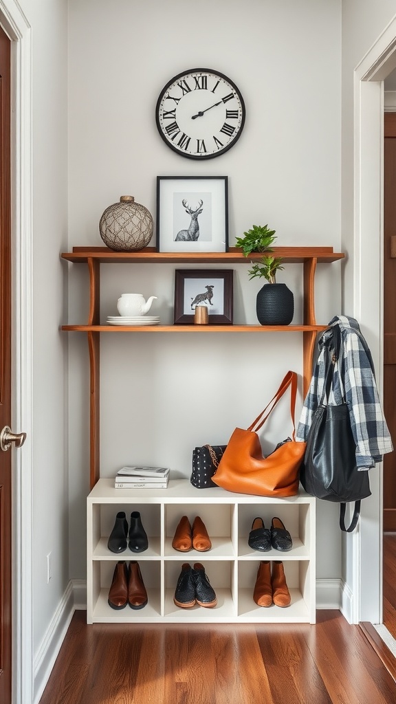 A stylish entryway corner shelf with decorative items and storage for shoes and bags.