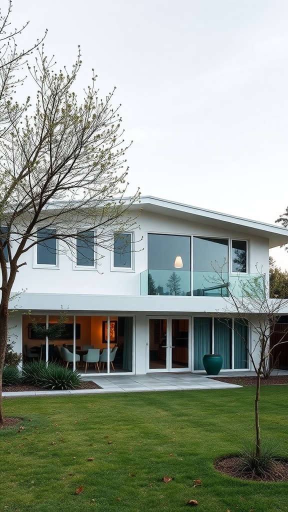 A stylish mid-century modern house with large windows and a well-kept lawn.