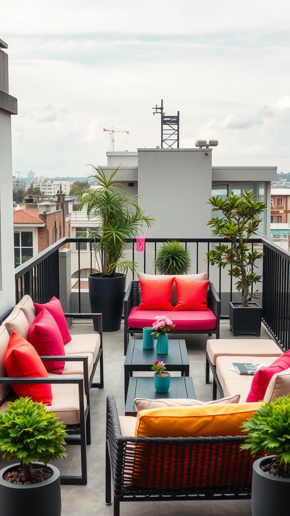 Stylish balcony with colorful cushions and plants