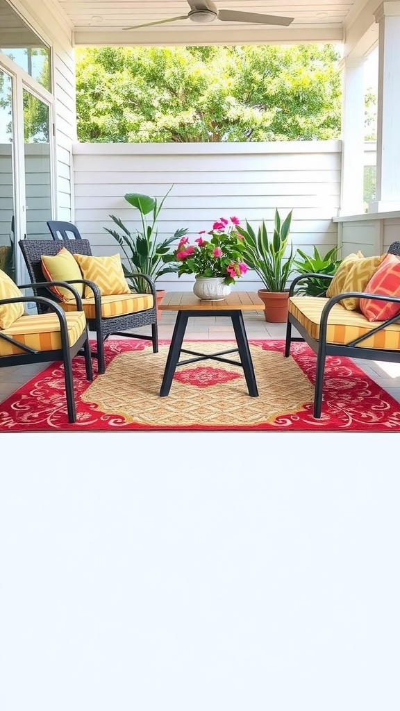 A stylish outdoor patio with comfortable seating, vibrant cushions, and a decorative rug.