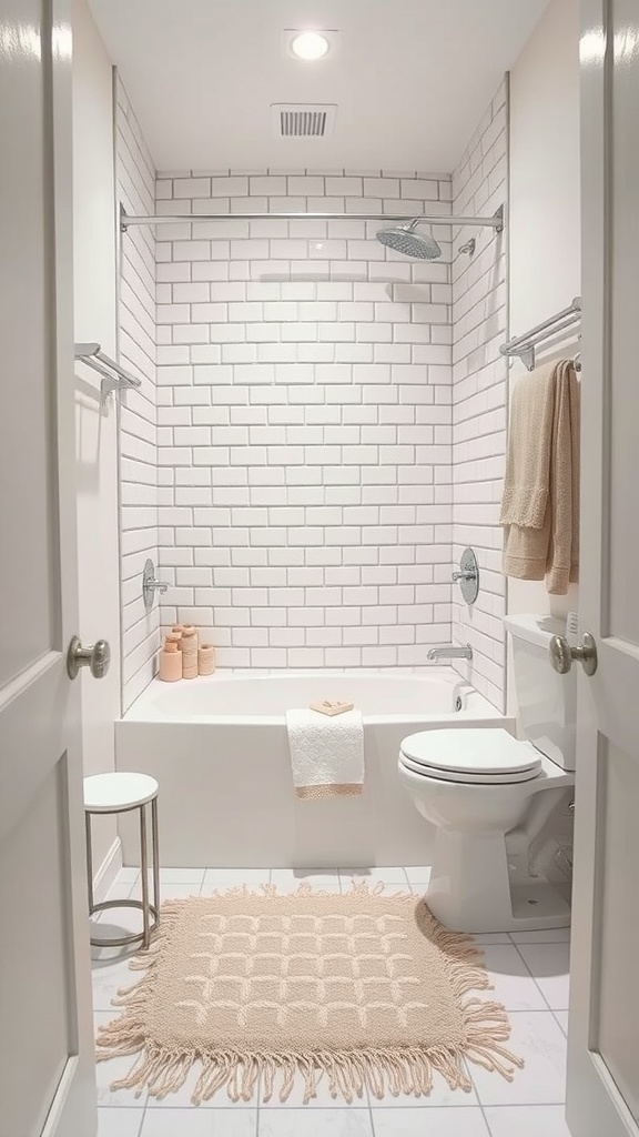A cozy bathroom featuring a beige shower mat, white tiles, and stylish decor.