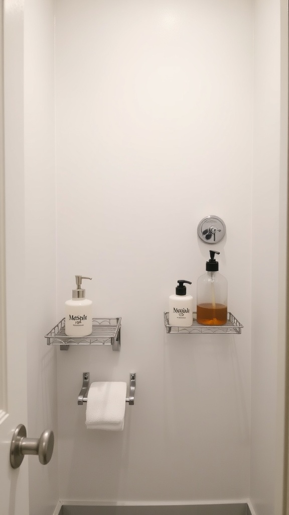 Stylish soap dispensers and holders in a small bathroom setting.