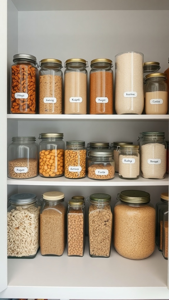 A neatly organized pantry with glass storage jars filled with various grains and snacks, all labeled for easy identification.