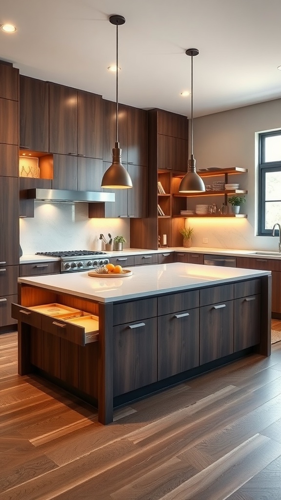 A kitchen island with drawers and a sleek design, complemented by stylish lighting.