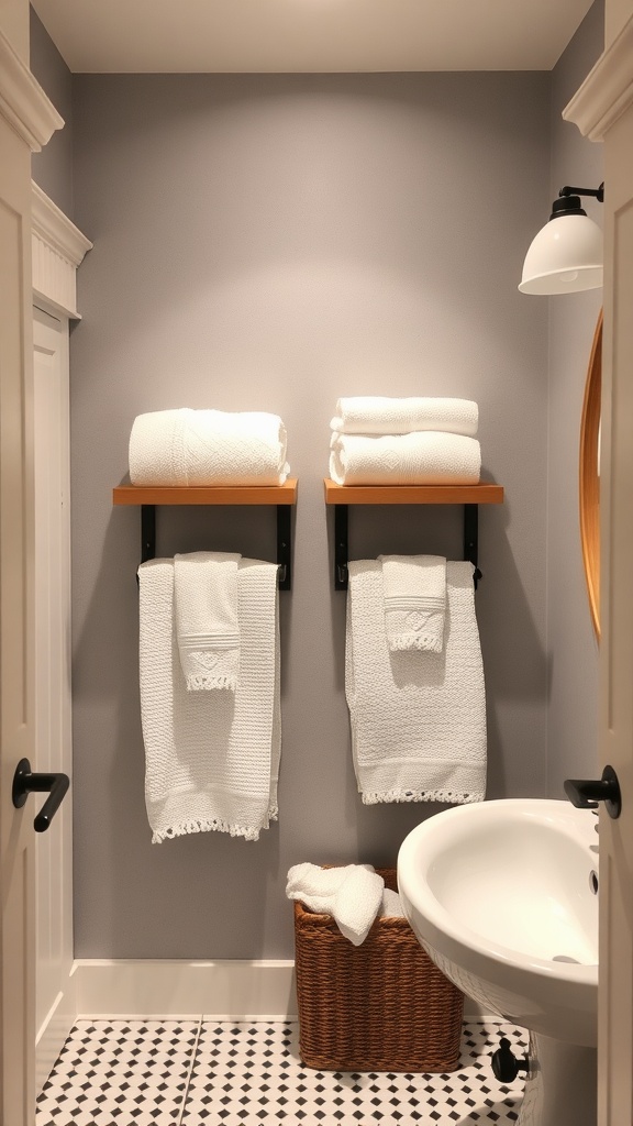 A half bathroom featuring towel storage with wooden shelves and a basket.