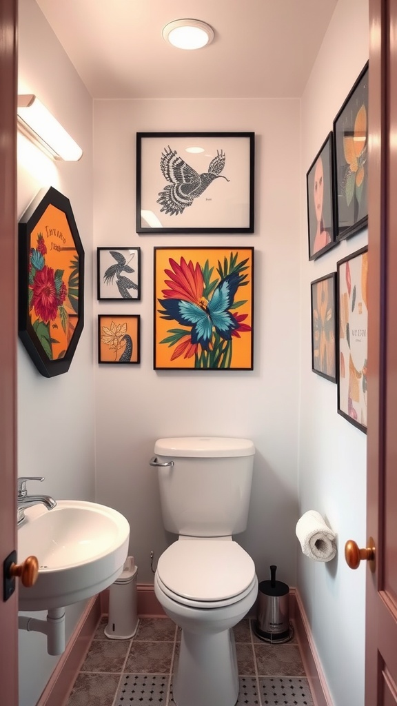 A small bathroom with colorful wall art featuring floral and bird designs.