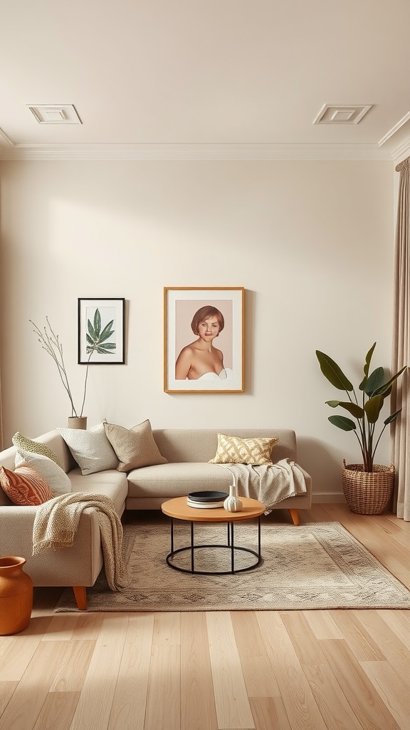 A cozy living room with a subtle cream wall color, showcasing a comfortable sofa, decorative cushions, and a warm rug.