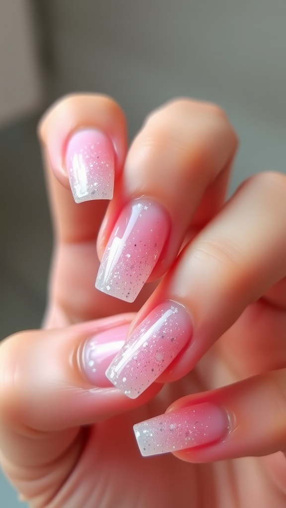 Nails with a subtle glitter fade from soft pink to sparkling tips