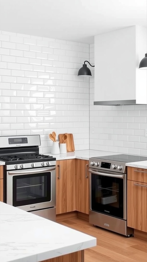 A modern kitchen featuring a subway tile backsplash with wooden cabinets and stainless steel appliances.