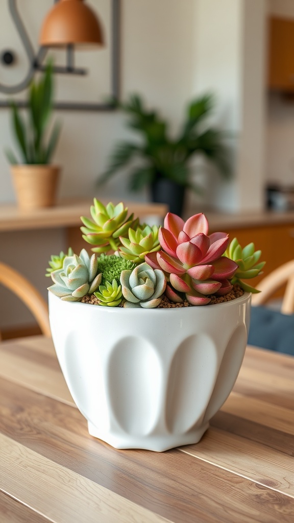 A beautiful arrangement of colorful succulents in a decorative white planter sitting on a wooden dining table.