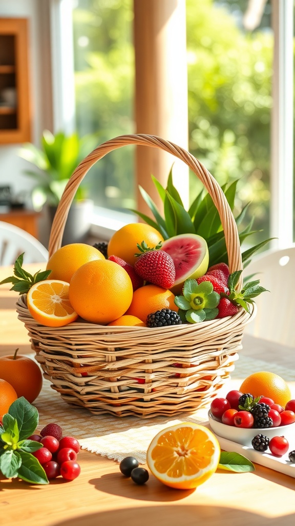 A beautifully arranged wicker basket filled with various fresh fruits, including oranges, strawberries, and blackberries, placed on a dining table.