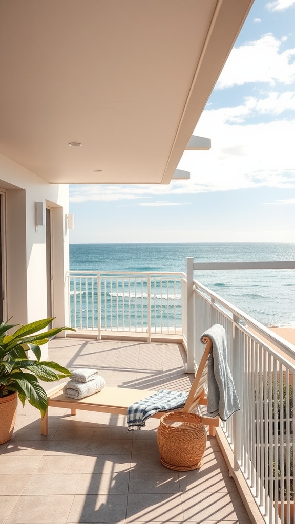 A sunbathing lounge on an outdoor balcony with a view of the ocean.