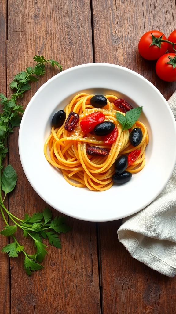 A bowl of pasta with sundried tomatoes and olives