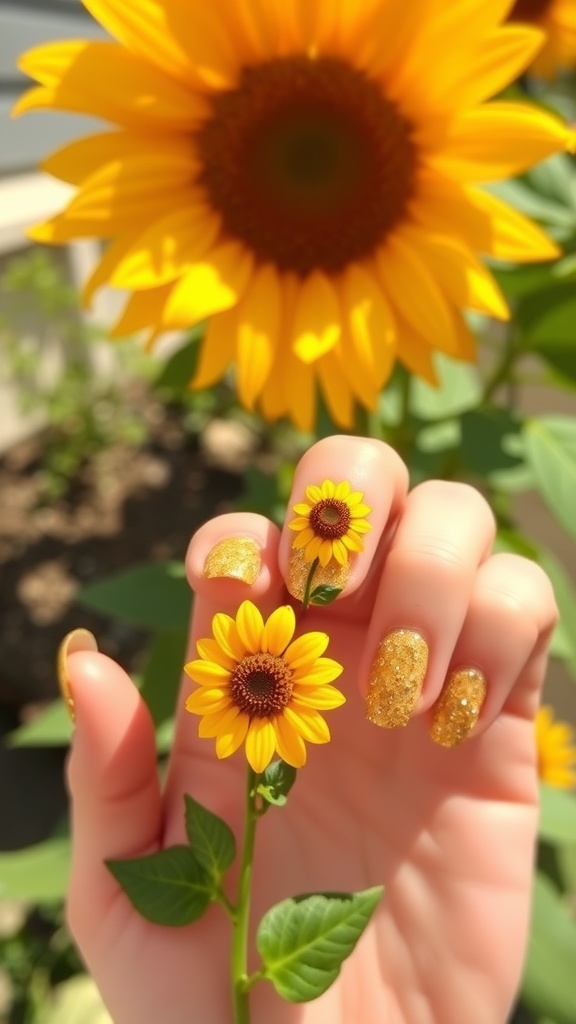 A hand with sunflower-themed glitter nails and a small sunflower.